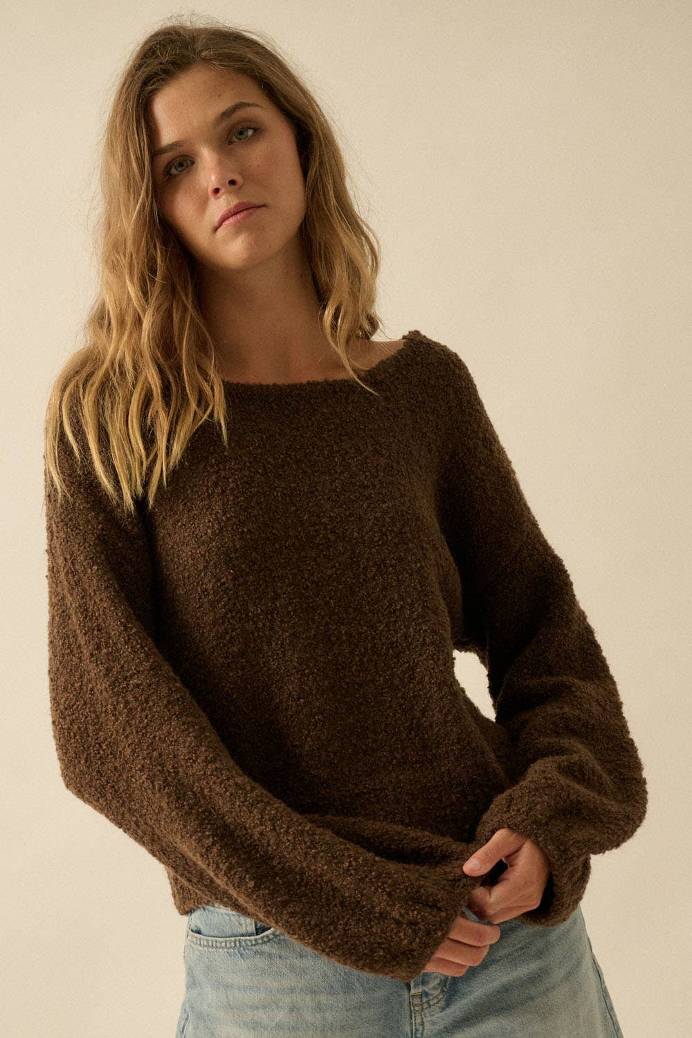 Textured Knit Bubble-Sleeve Sweater
