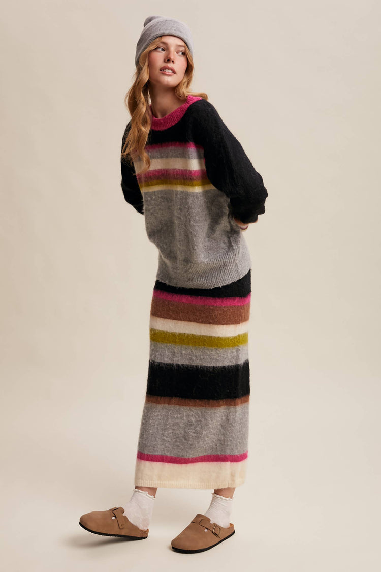 Striped Fuzzy Knit Sweater & Skirt Set
