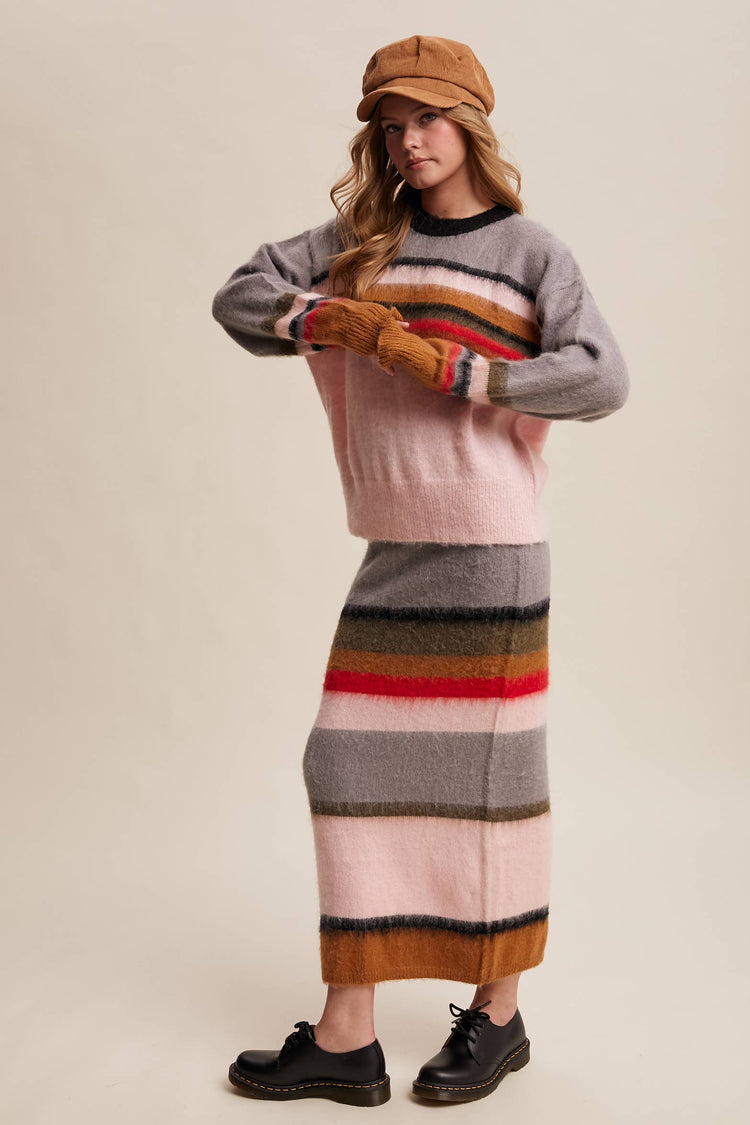 Striped Fuzzy Knit Sweater & Skirt Set