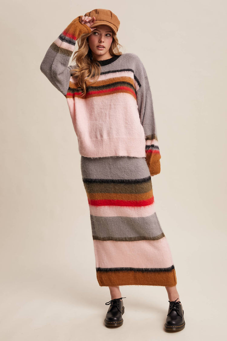 Striped Fuzzy Knit Sweater & Skirt Set