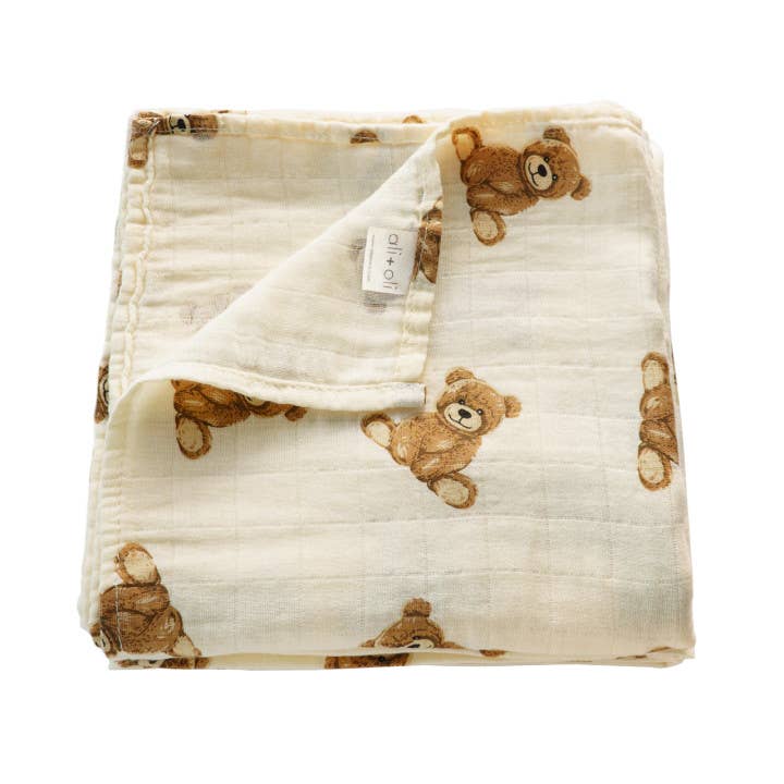 Bamboo Muslin Swaddle Blanket Teddy Bear