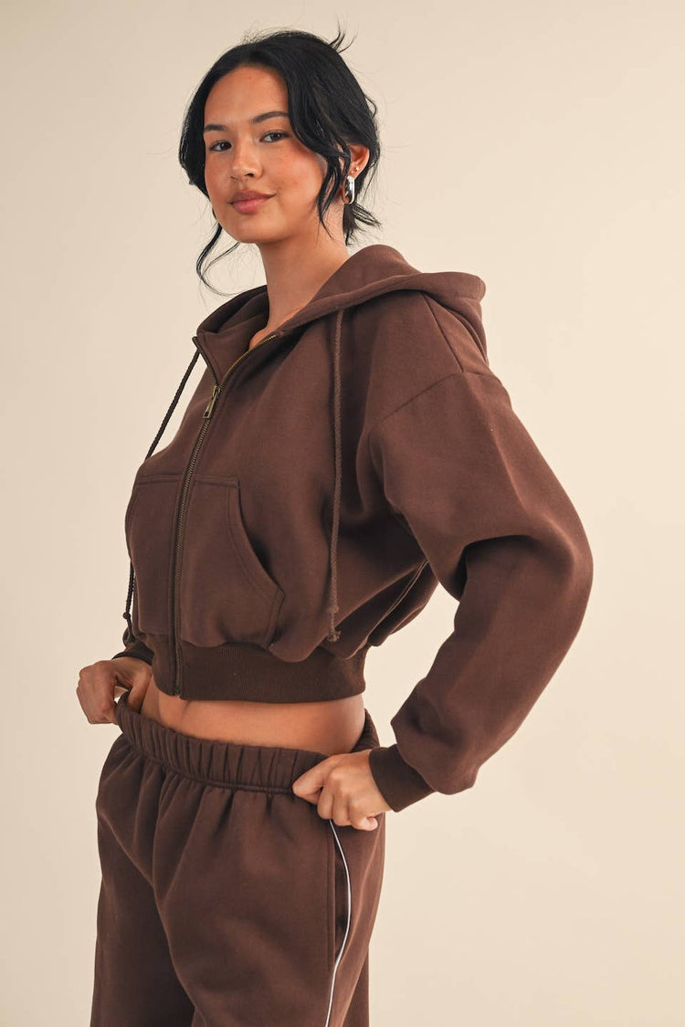 Cozy Cocoa Fleece Oversized Crop Full Zip Hoodie