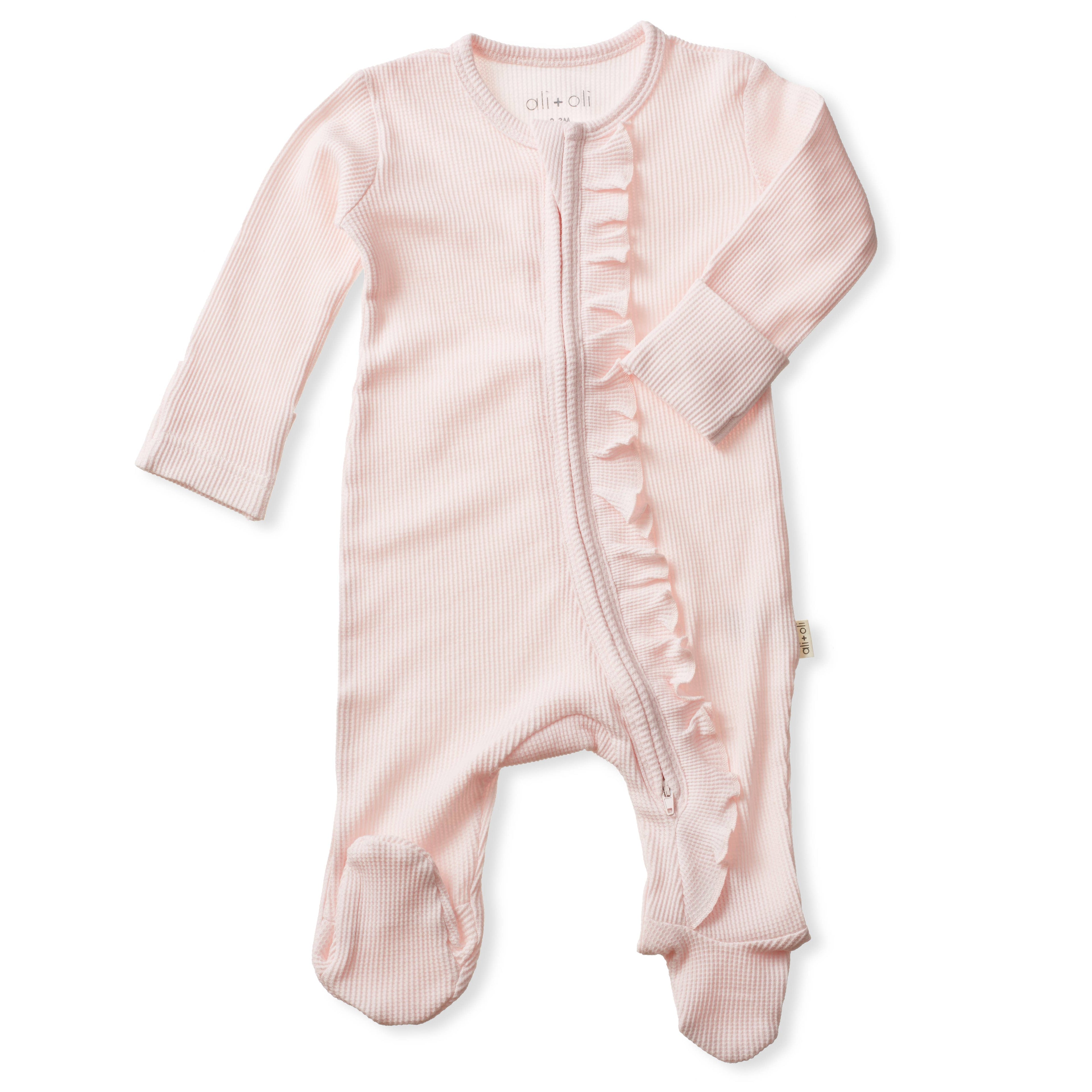 Baby Pink Ruffle Footie 2-Way Zipper – Organic Cotton Waffle Knit PJ