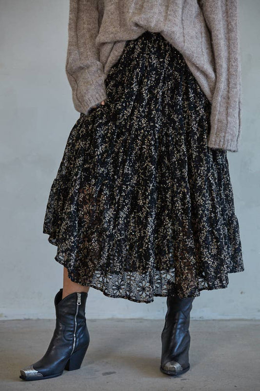Floral Lace Flare Midi Skirt