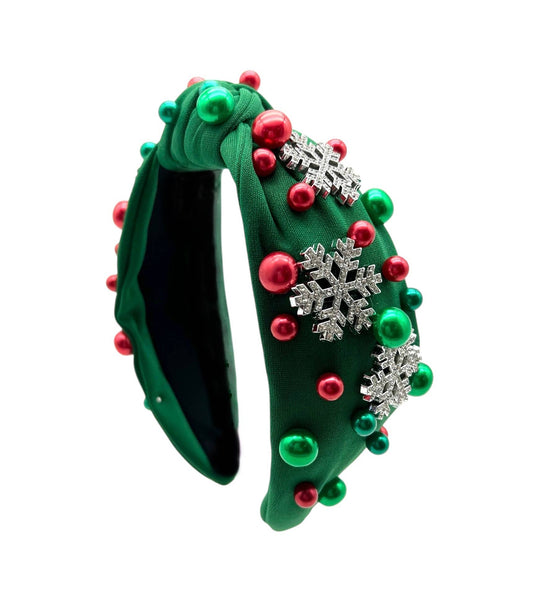 Holiday Snowflake Green Jewel Pearl Knot Headband