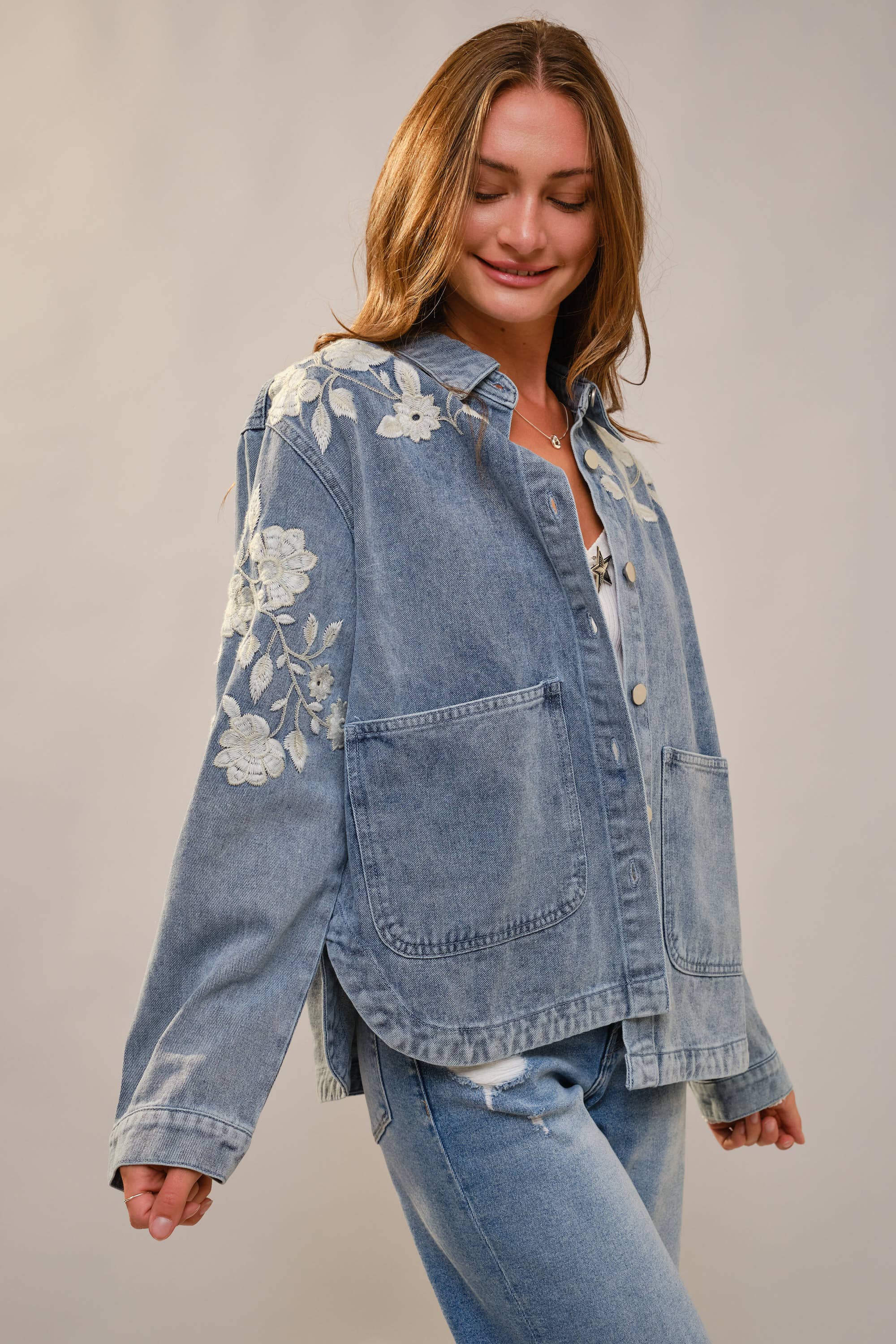 Denim Work Jacket With Floral Embroidery