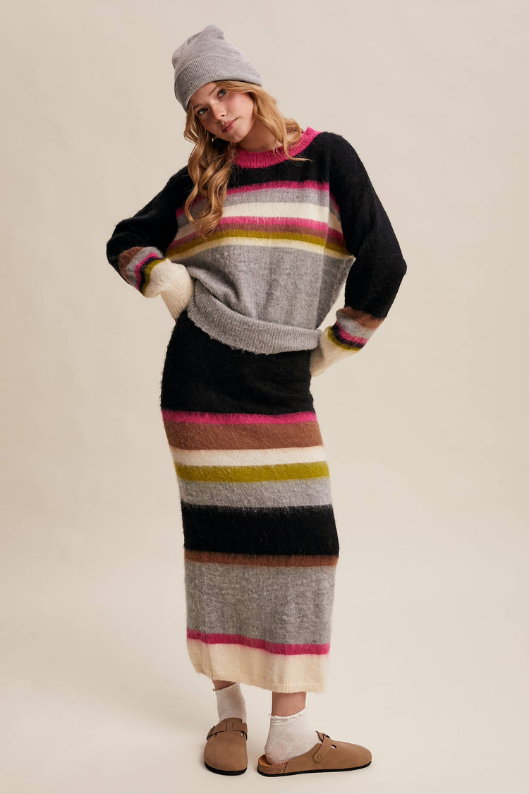 Striped Fuzzy Knit Sweater & Skirt Set