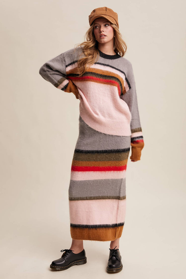 Striped Fuzzy Knit Sweater & Skirt Set