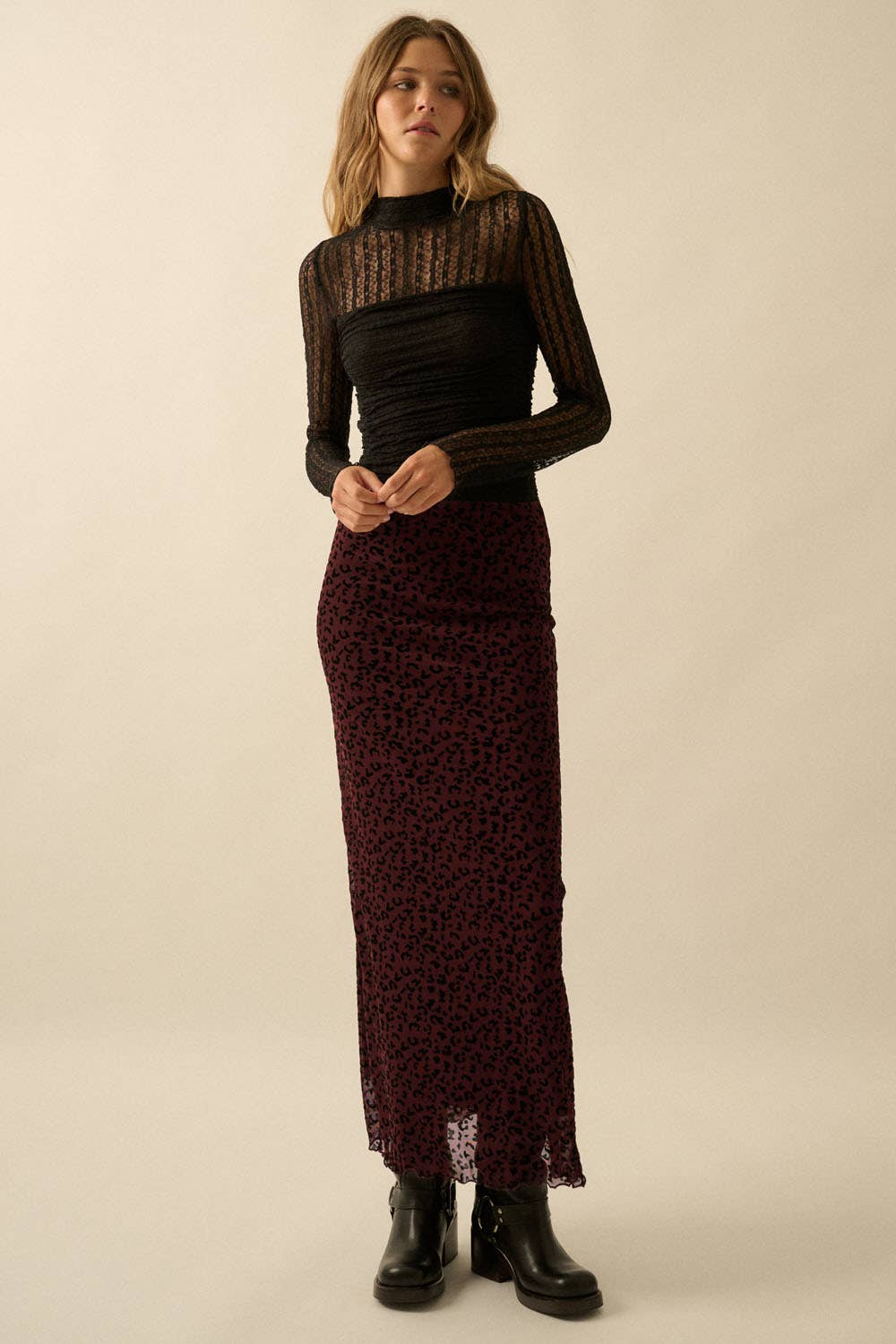 Cranberry Leopard Mesh Straight Maxi Skirt