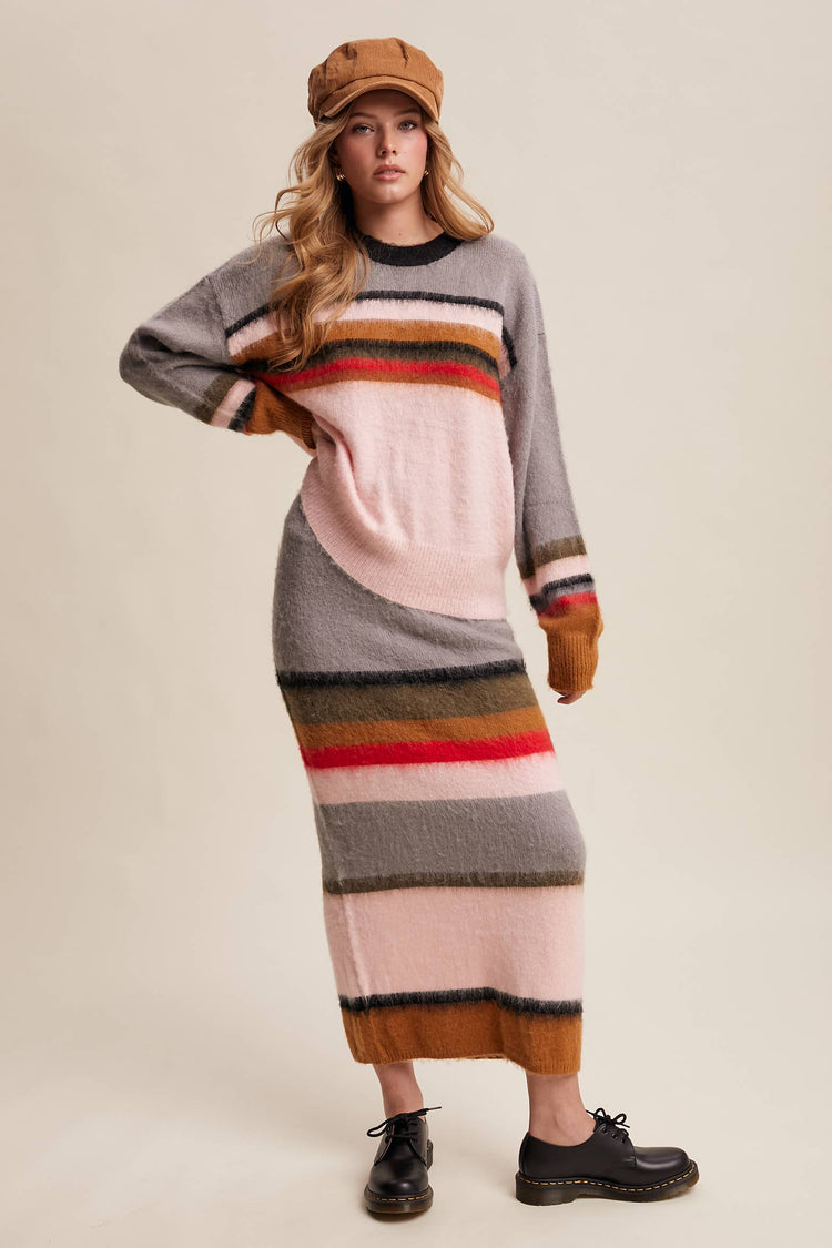 Striped Fuzzy Knit Sweater & Skirt Set