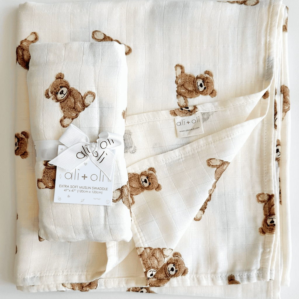 Bamboo Muslin Swaddle Blanket Teddy Bear