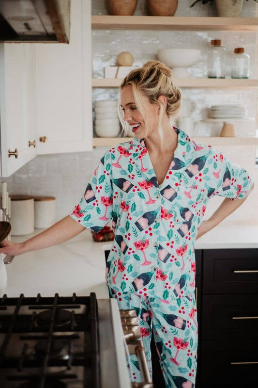 Holiday Champagne, Coupes & Holly Matching Holiday PJs