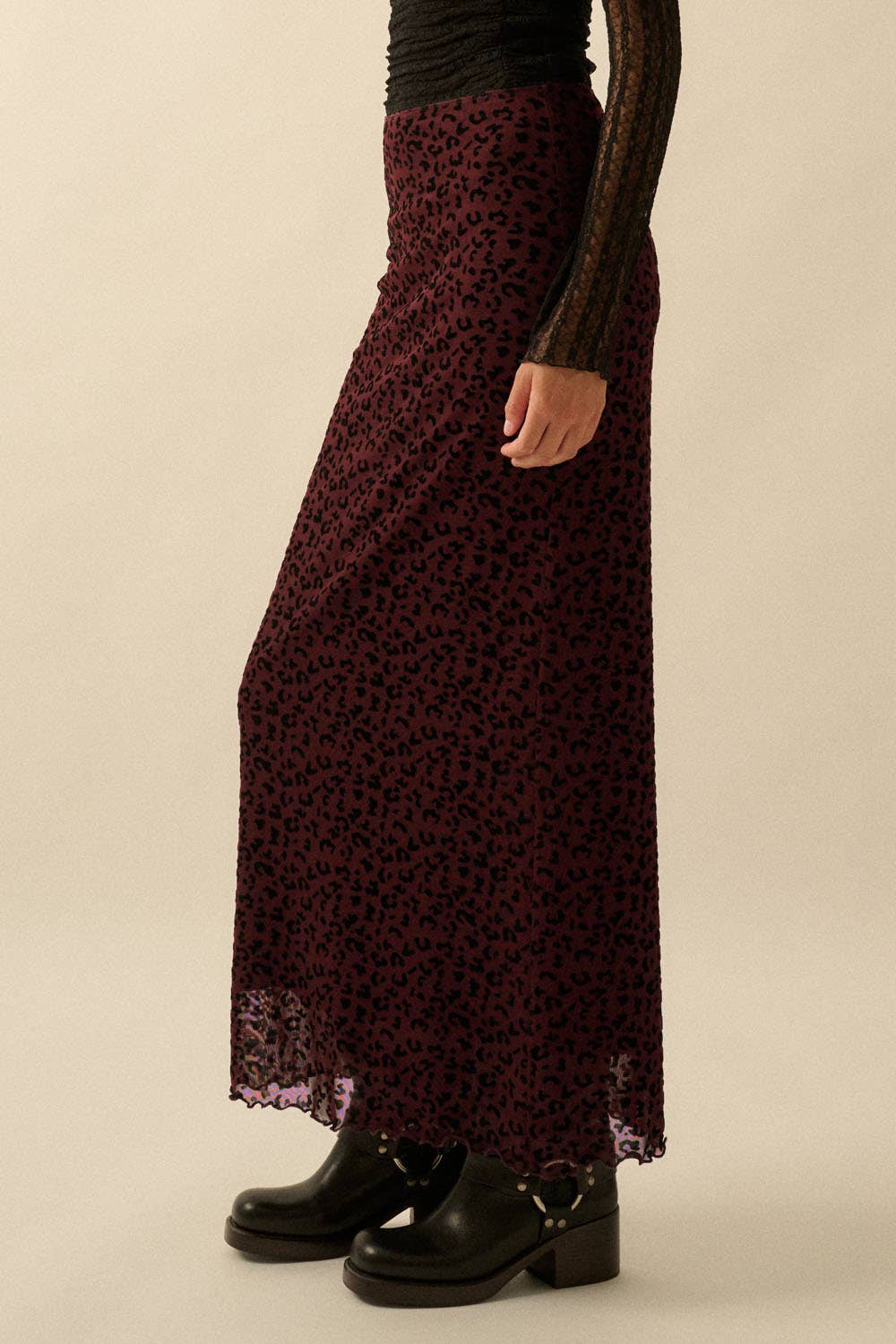 Cranberry Leopard Mesh Straight Maxi Skirt