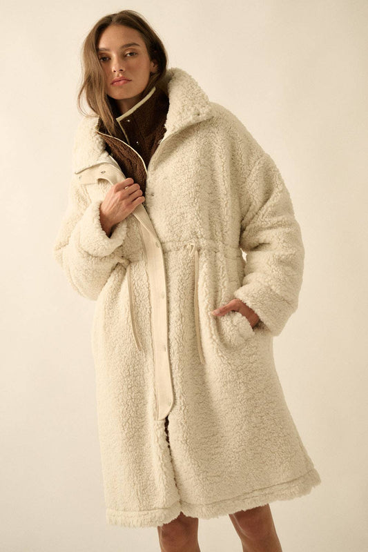 Shearling Zip-Up Drawstring Knee-Length Coat