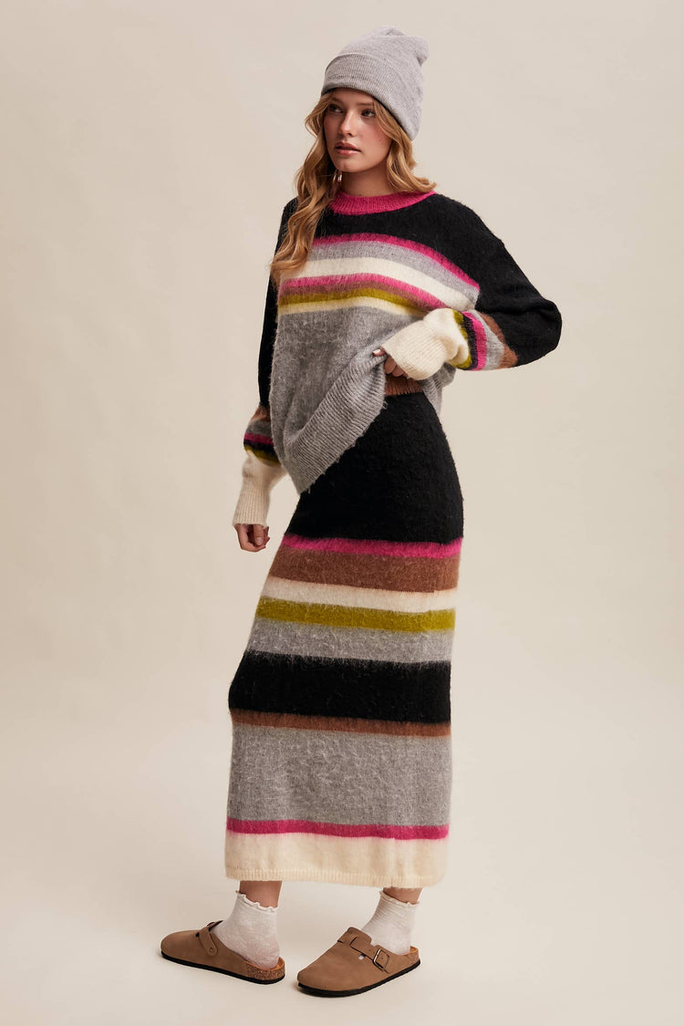 Striped Fuzzy Knit Sweater & Skirt Set