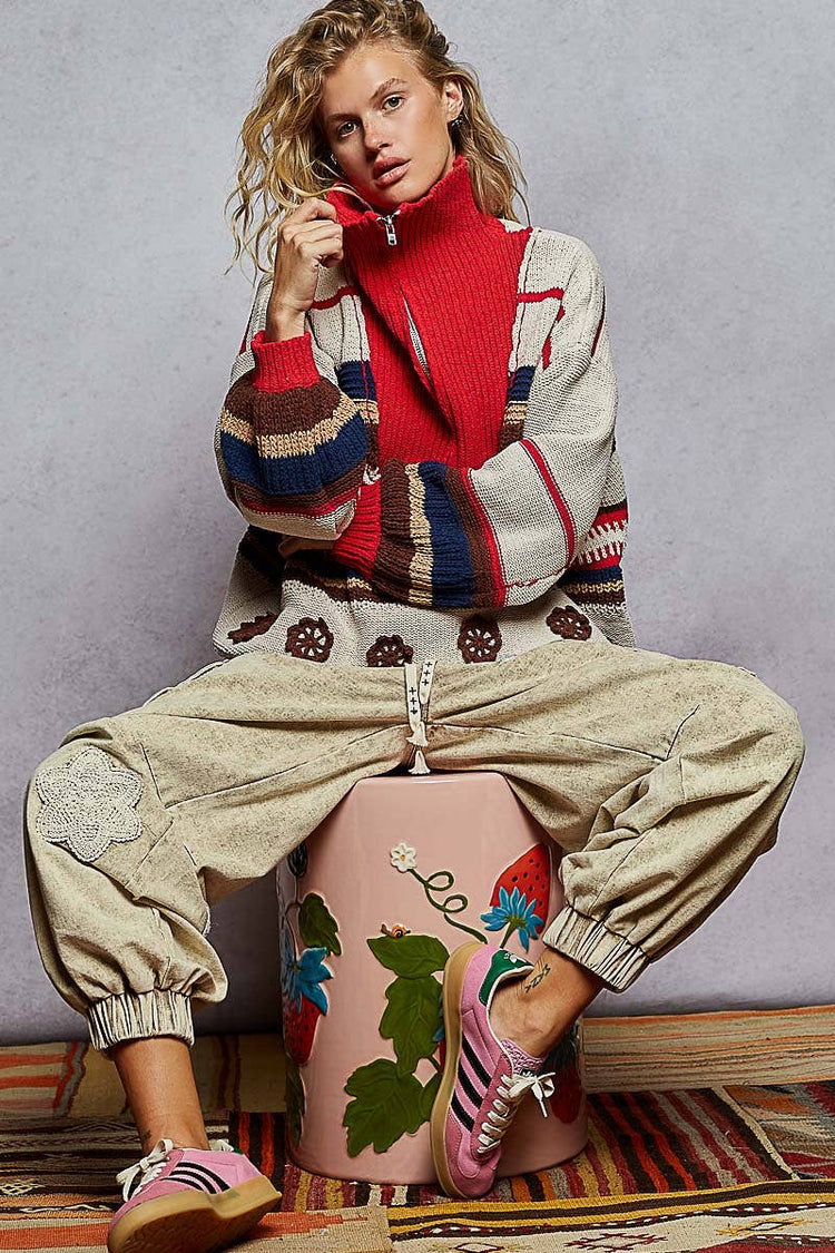 High collar half zipper rainbow pullover