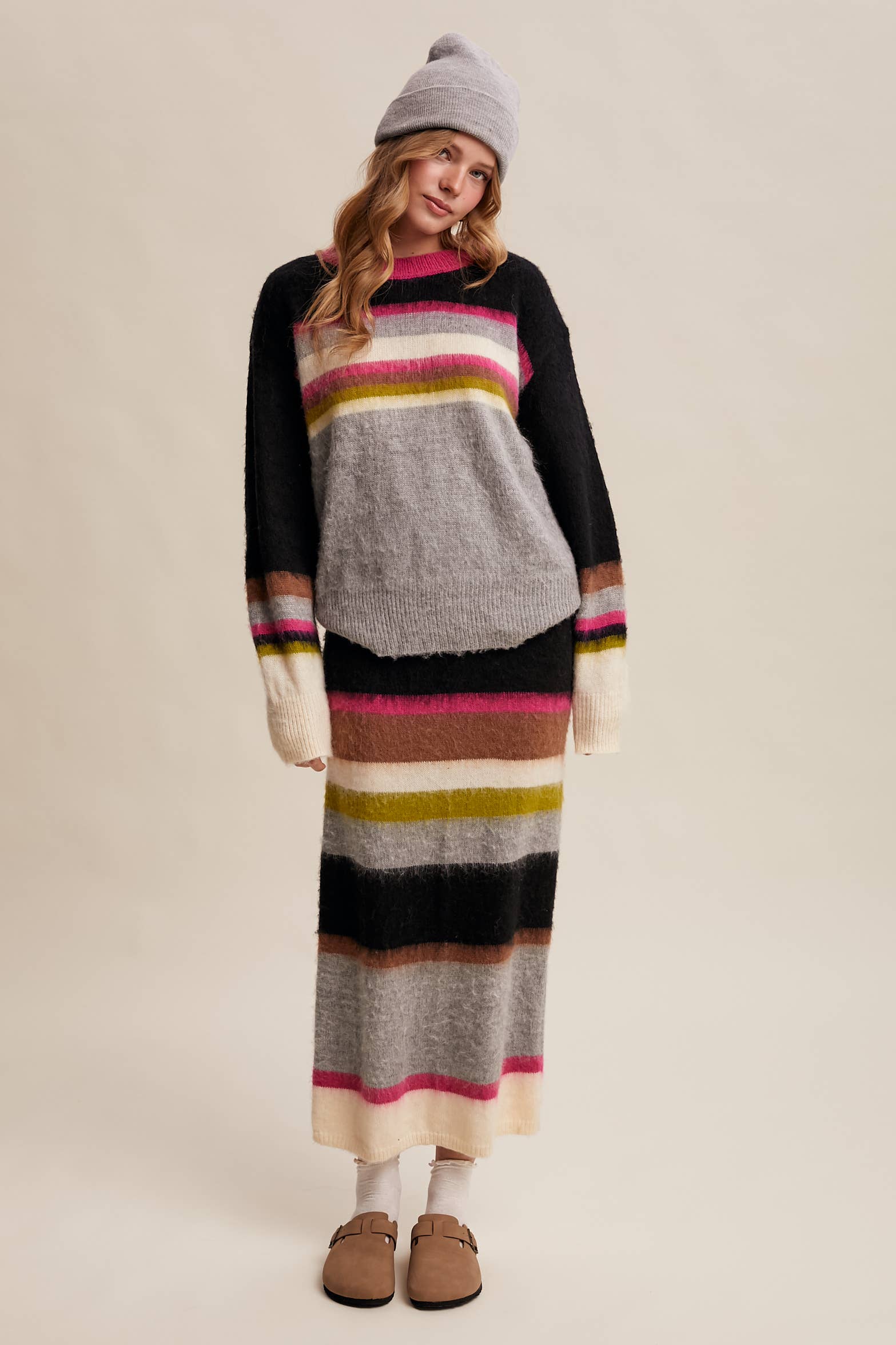 Striped Fuzzy Knit Sweater & Skirt Set