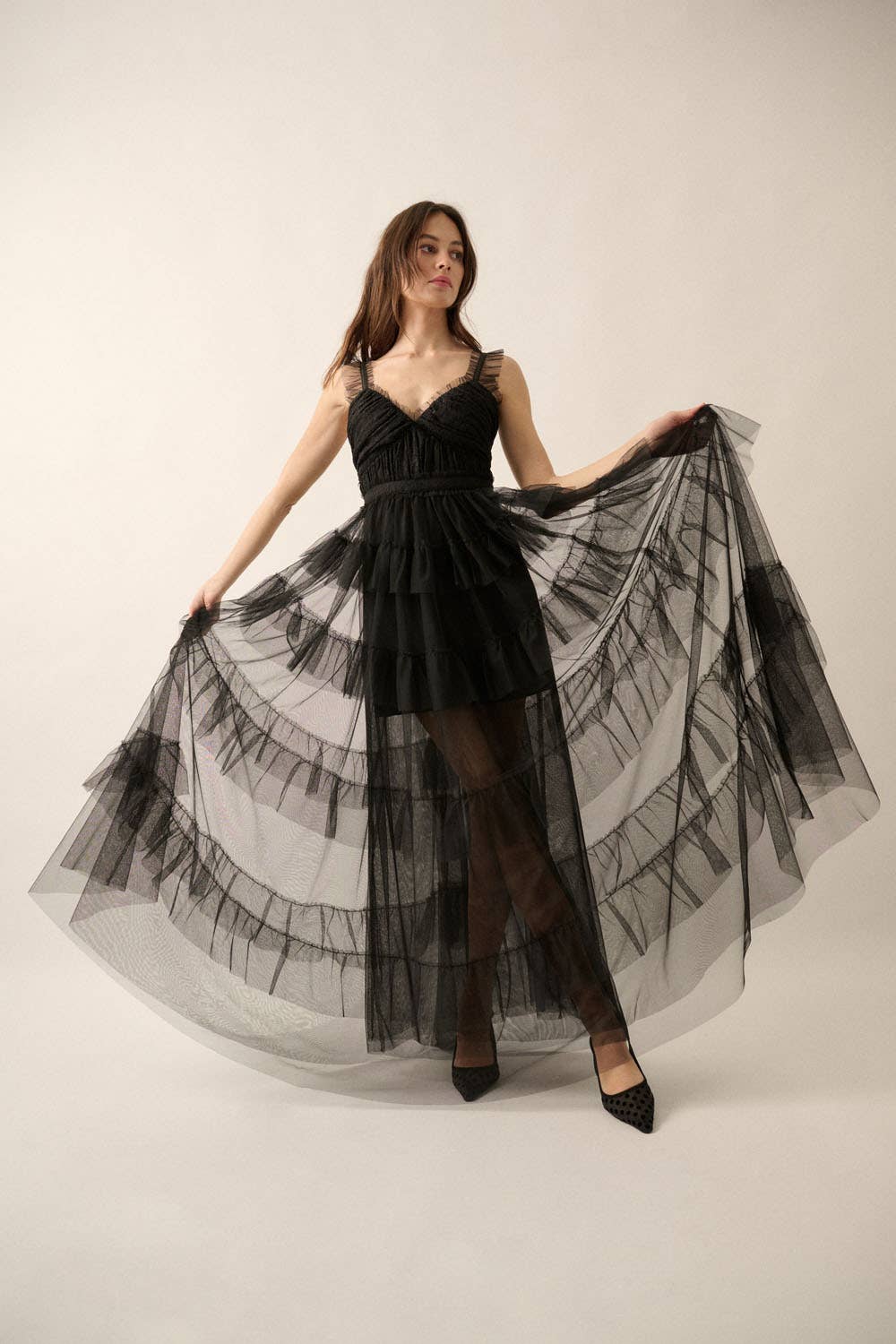 Floral Lace and Tulle Tiered Ruffle Maxi Dress