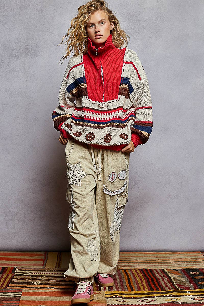 High collar half zipper rainbow pullover