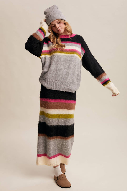 Striped Fuzzy Knit Sweater & Skirt Set