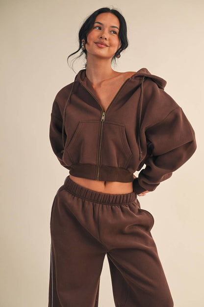 Cozy Cocoa Fleece Oversized Crop Full Zip Hoodie