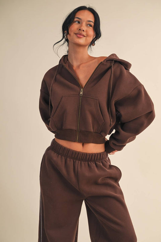 Cozy Cocoa Fleece Oversized Crop Full Zip Hoodie