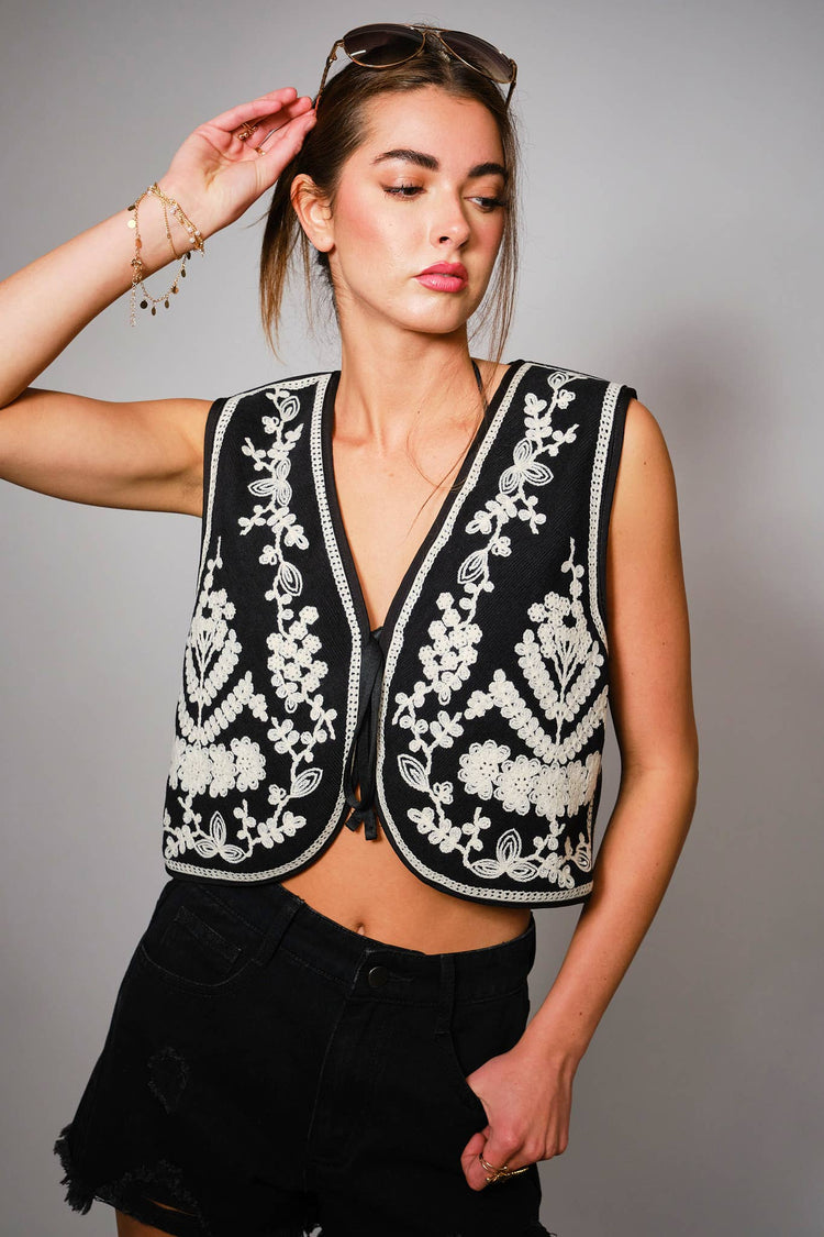 Embroidered Ribbon Tie Crop Vest