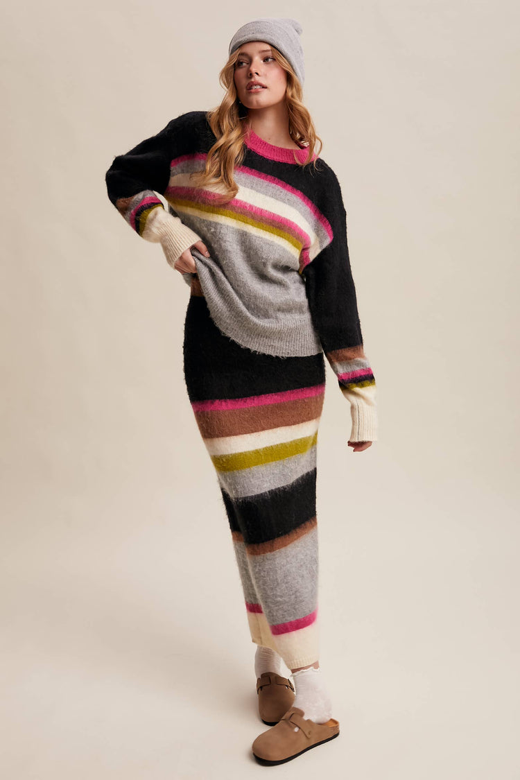 Striped Fuzzy Knit Sweater & Skirt Set