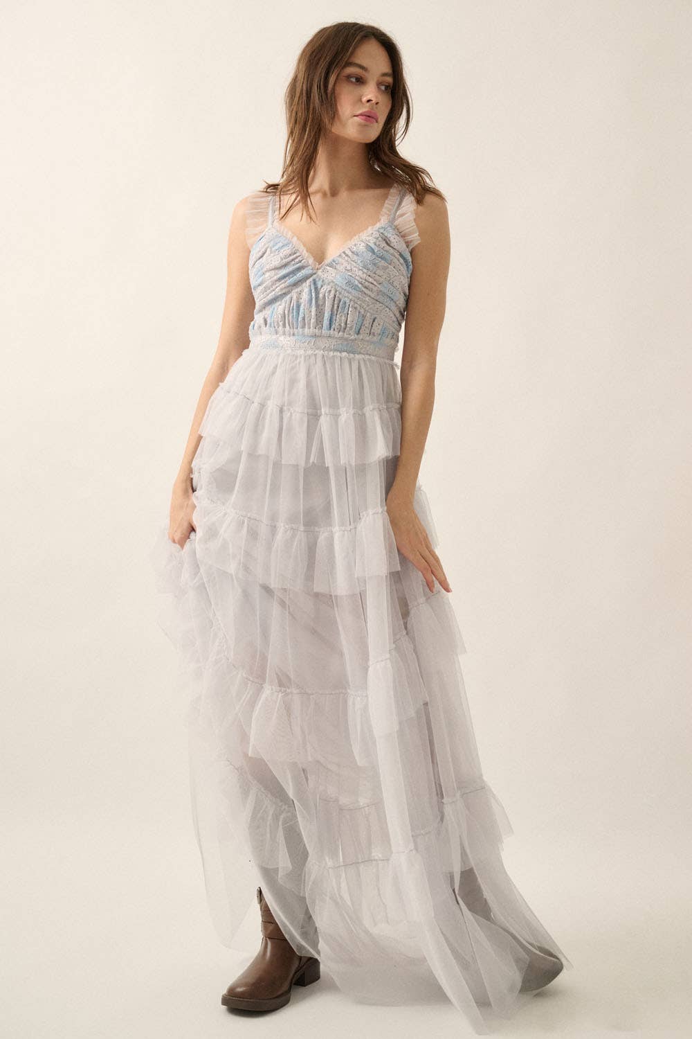 Floral Lace and Tulle Tiered Ruffle Maxi Dress
