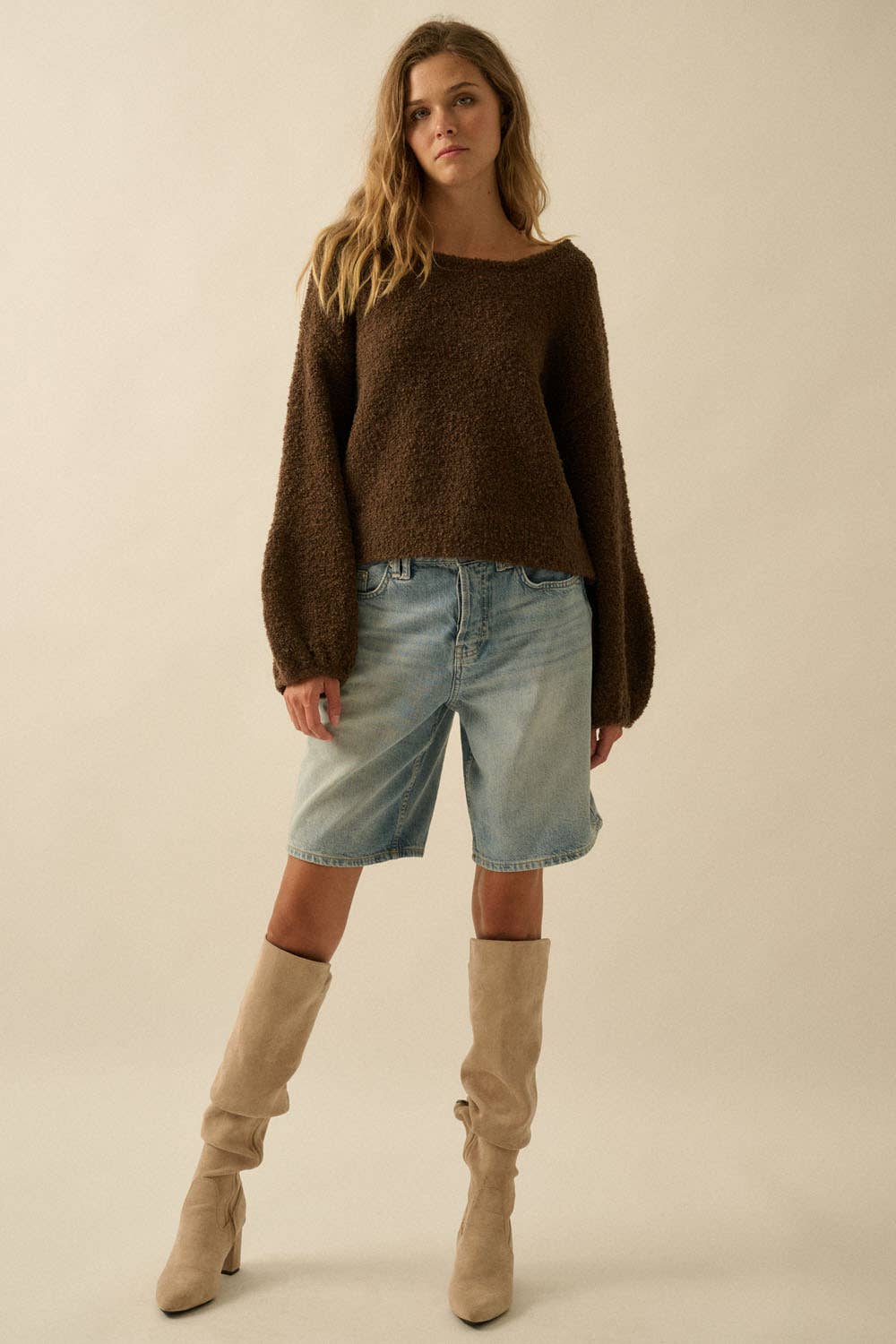 Textured Knit Bubble-Sleeve Sweater