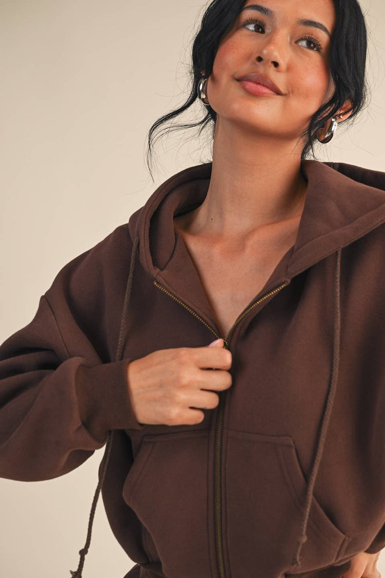Cozy Cocoa Fleece Oversized Crop Full Zip Hoodie