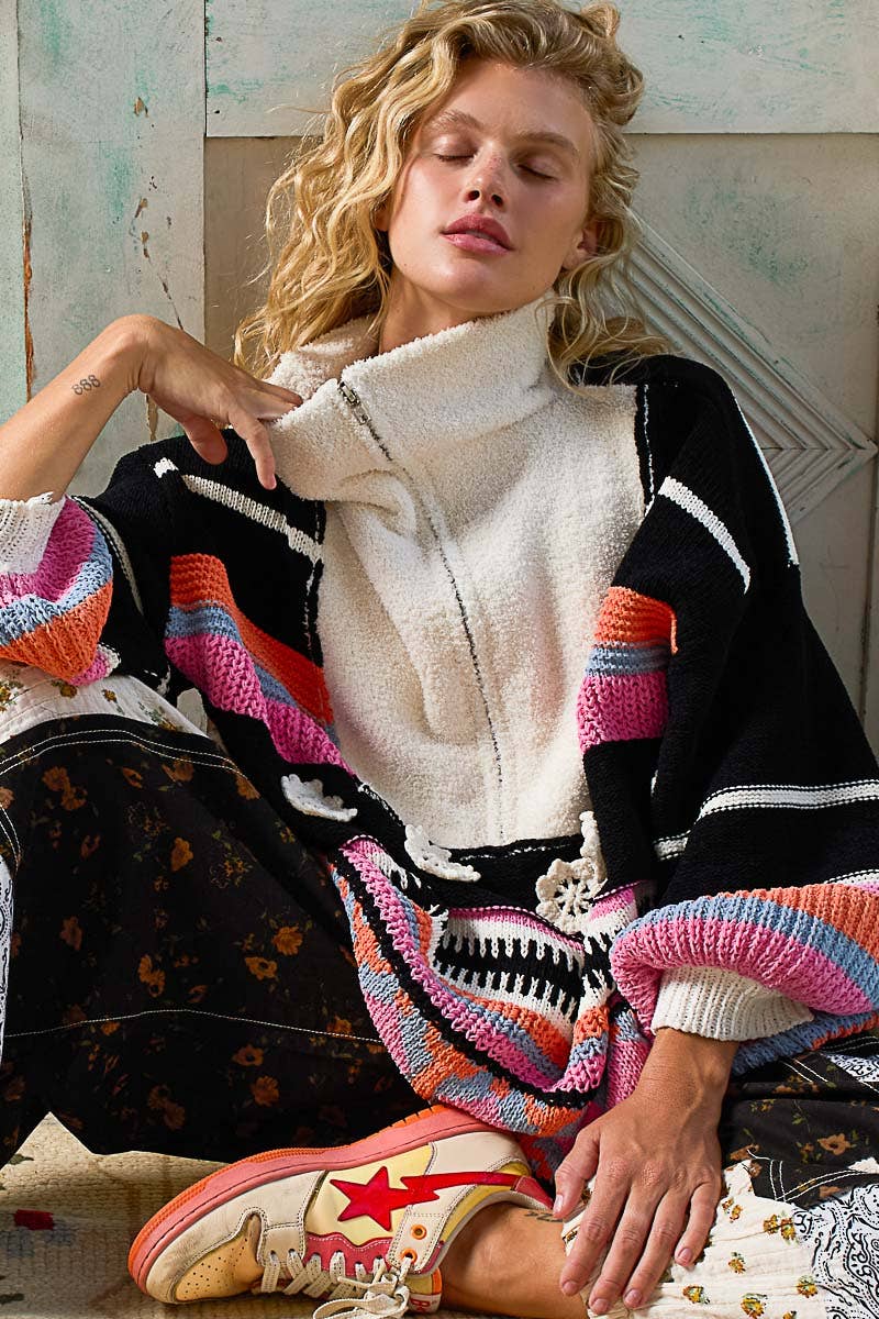 High collar half zipper rainbow pullover