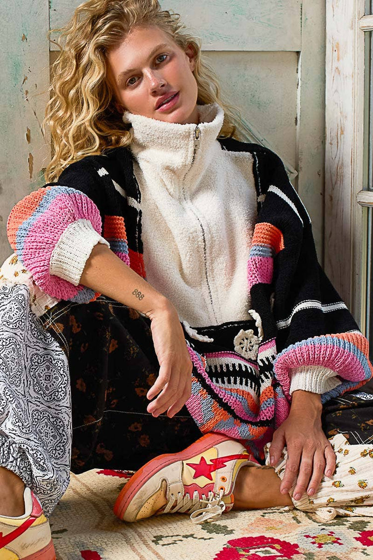 High collar half zipper rainbow pullover