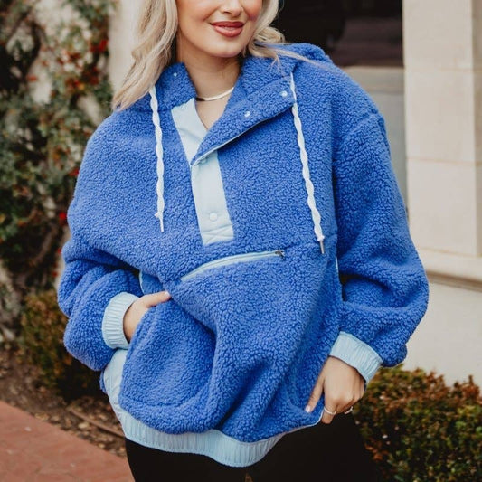 Blue Two-Toned Sherpa Fleece Wholesale Pullover