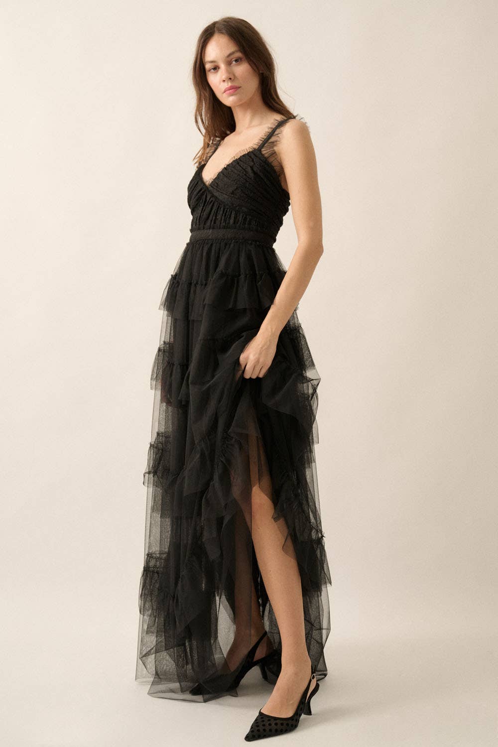 Floral Lace and Tulle Tiered Ruffle Maxi Dress