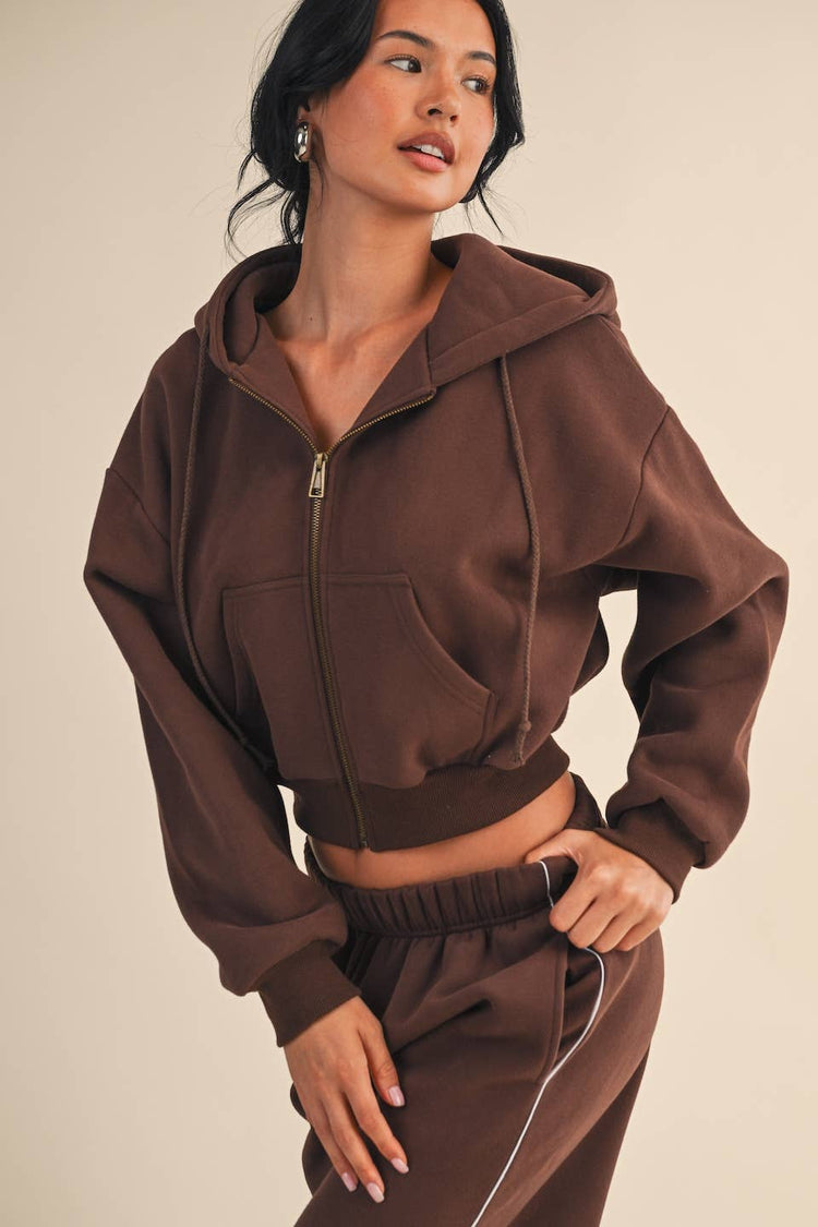 Cozy Cocoa Fleece Oversized Crop Full Zip Hoodie