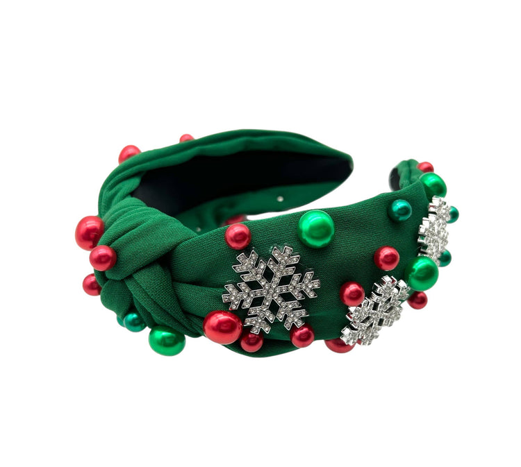 Holiday Snowflake Green Jewel Pearl Knot Headband