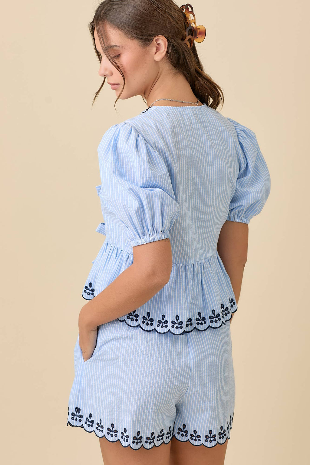 V-neck Front Tie Blouse With Scallop