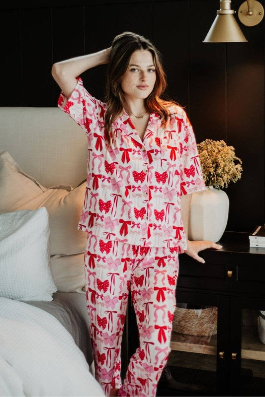 Mamas Pink & Red Coquette Bows Pajama Pants Set