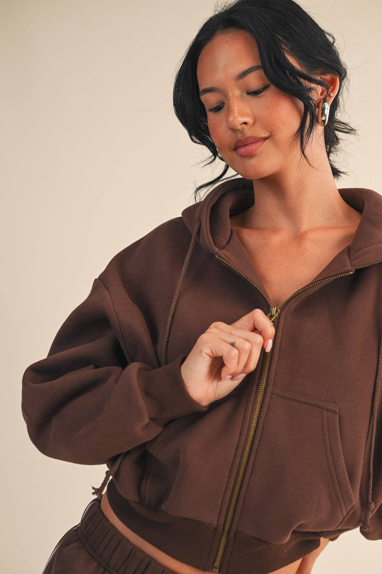 Cozy Cocoa Fleece Oversized Crop Full Zip Hoodie