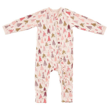 Cozy Romper with Ruffles - Pink Trees