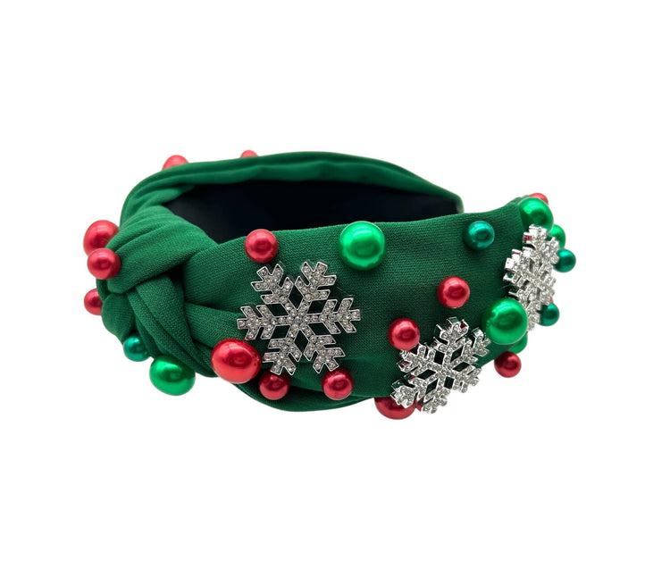 Holiday Snowflake Green Jewel Pearl Knot Headband