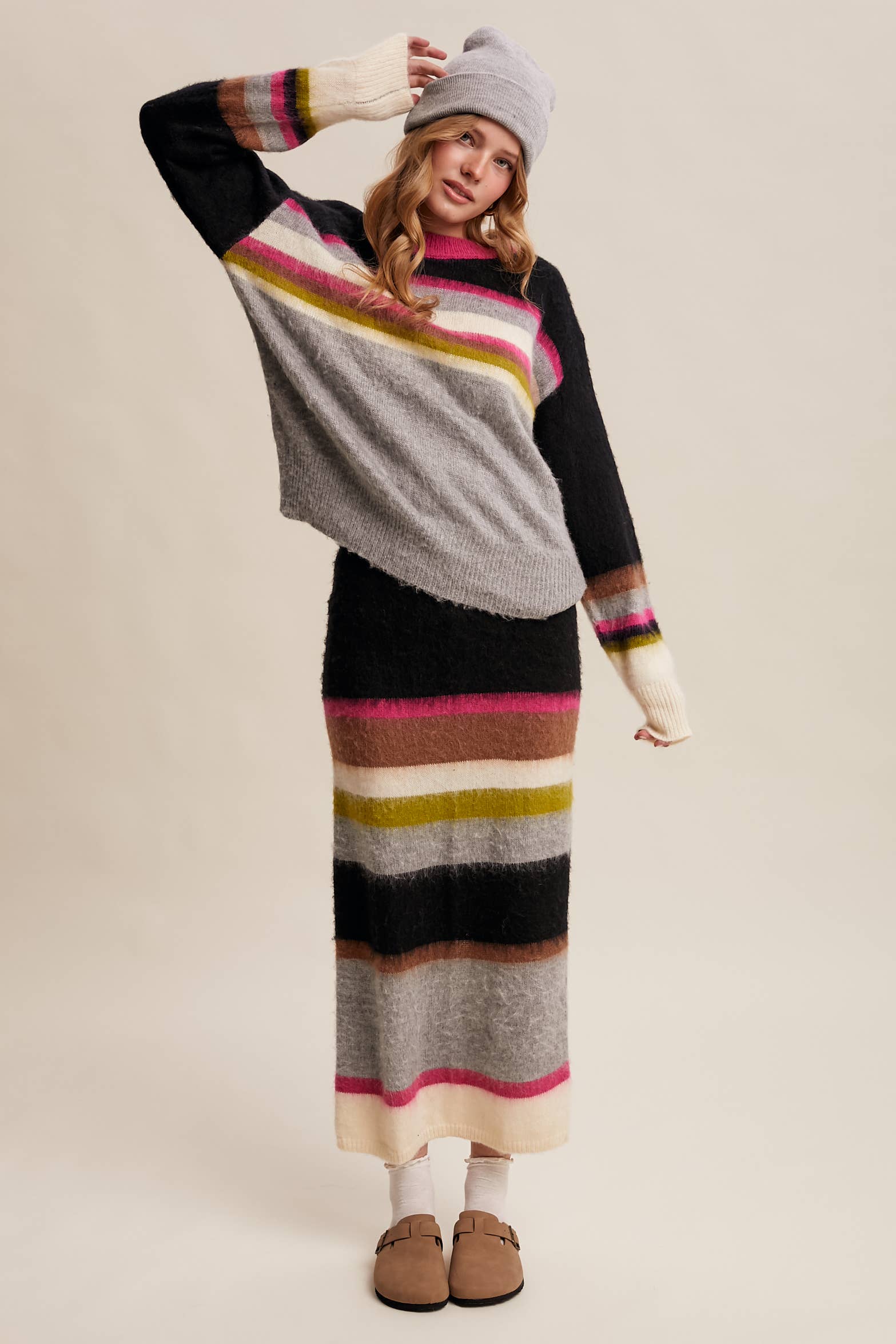 Striped Fuzzy Knit Sweater & Skirt Set