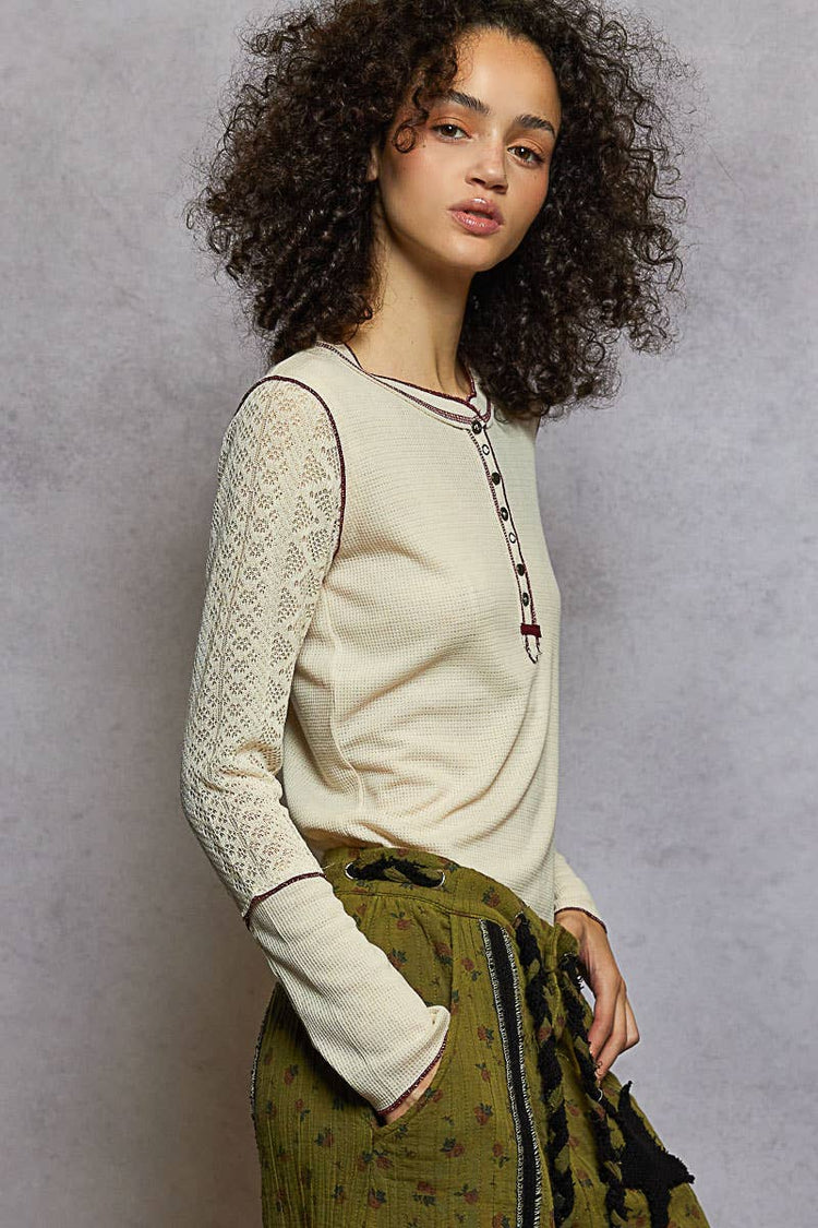 Round neck solid cut and sew knit mix knit top