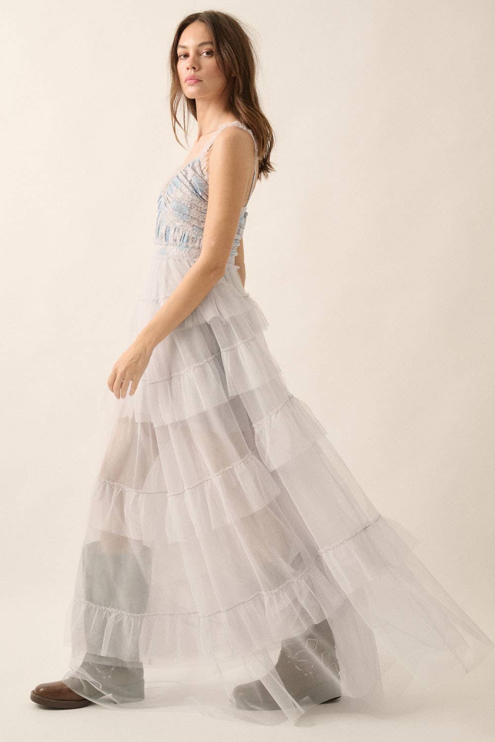 Floral Lace and Tulle Tiered Ruffle Maxi Dress