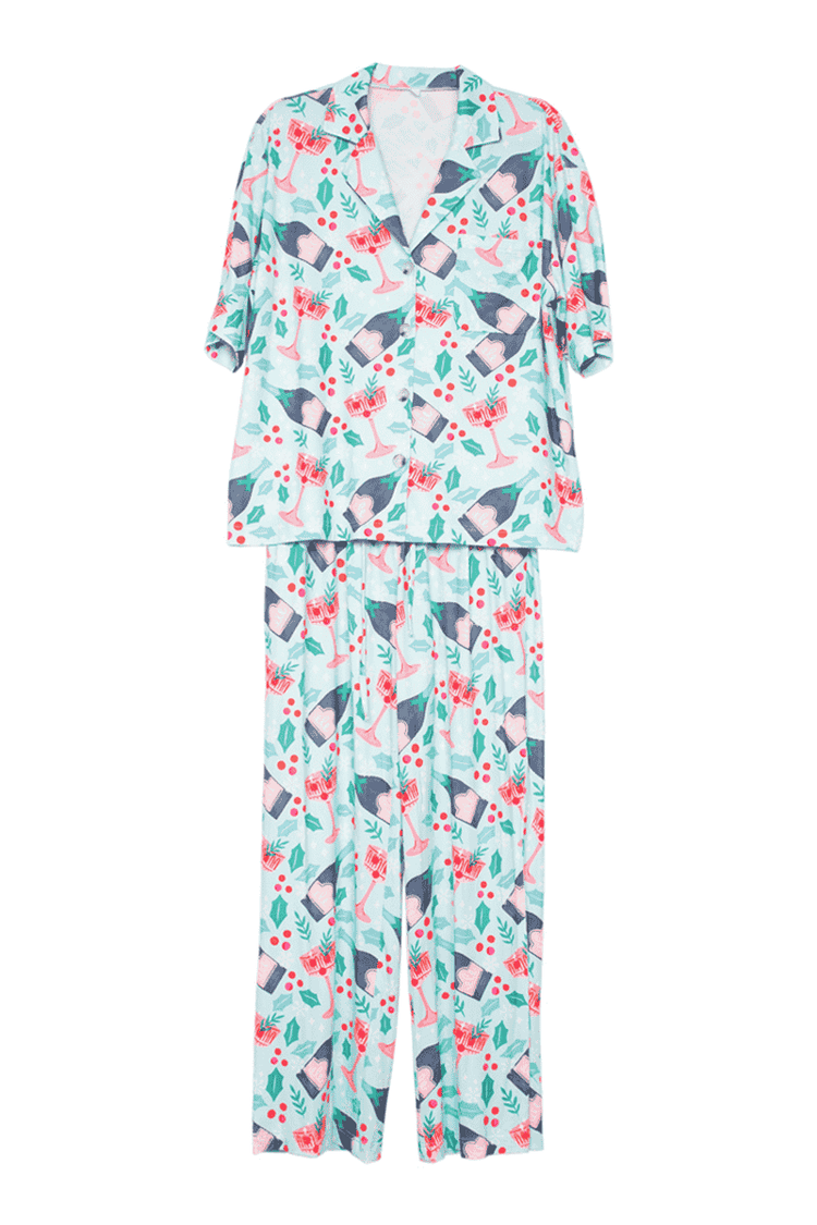 Holiday Champagne, Coupes & Holly Matching Holiday PJs