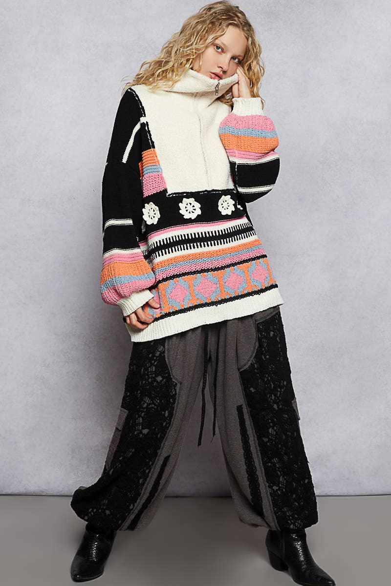 High collar half zipper rainbow pullover