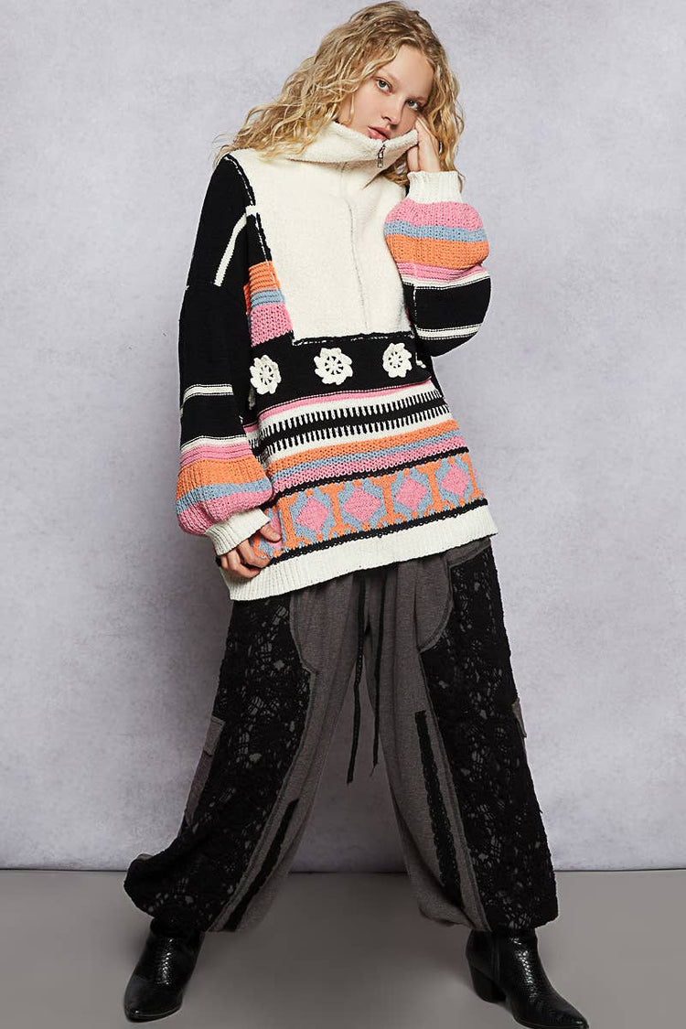 High collar half zipper rainbow pullover