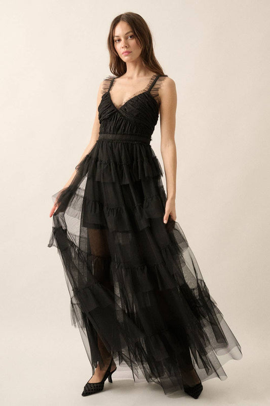 Floral Lace and Tulle Tiered Ruffle Maxi Dress