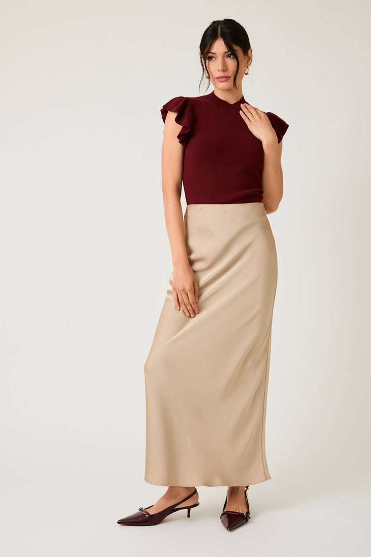 Cranberry Satin Midi Skirt